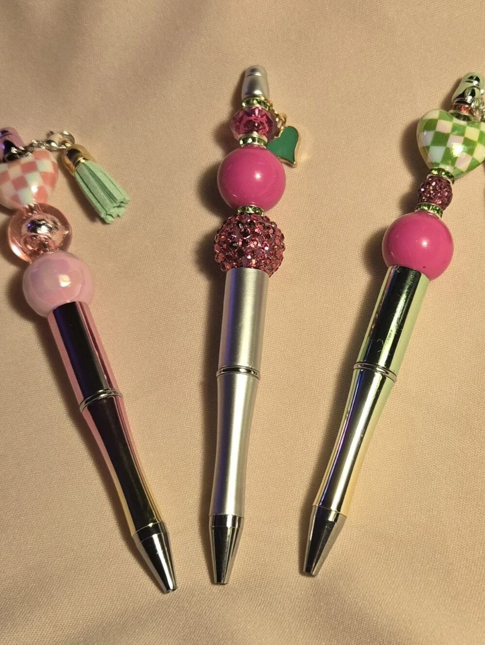 Set Of 3 - Includes 2 Refills Each Pink & Green Beaded Pens